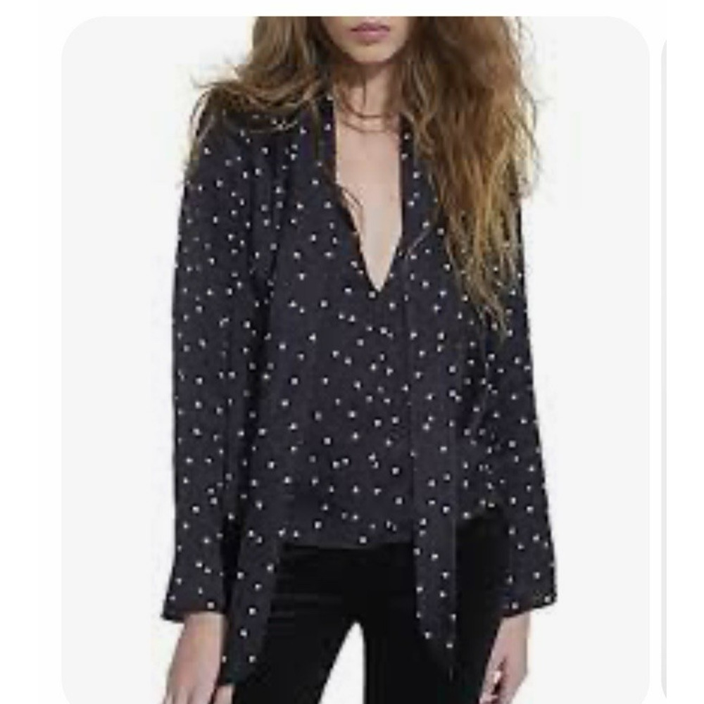 The Kooples Heart Print Tie Neck Blouse Size 2 (US Med) Black Long Sleeves Work
